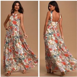 Lulus Lilja Cream Floral Print Maxi Dress Small